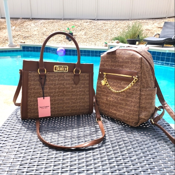 New Juicy Couture Chestnut Brown Statement Gothic Print Logo Backpack Bag - Picture 7 of 9